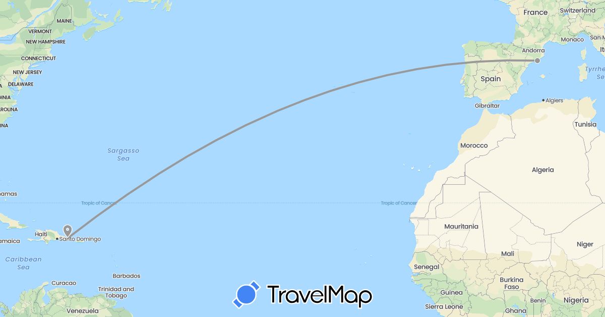 TravelMap itinerary: driving, plane in Dominican Republic, Spain (Europe, North America)