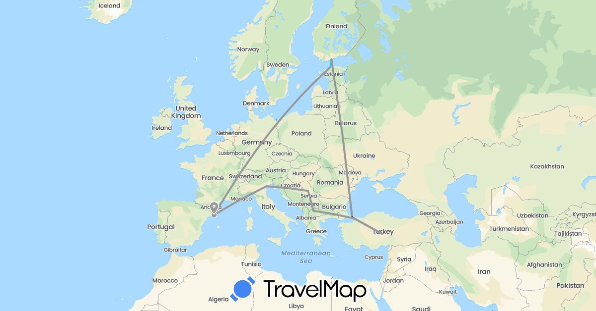 TravelMap itinerary: driving, plane, hiking, boat in Estonia, Spain, Finland, Italy, Macedonia, Serbia, Turkey (Asia, Europe)